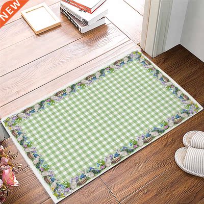 Easter Bunny Floral Green Plaid Doormat Entrance Floor Mat