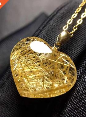 Natural Gold Rutilated Quartz Heart Pendant Necklace Yellow