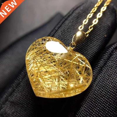 Natural Gold Rutilated Quartz Heart Pendant Necklace Yellow