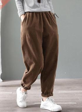 Velvet Warm Winter Pants for Women Elastic Waist Corduroy Ha