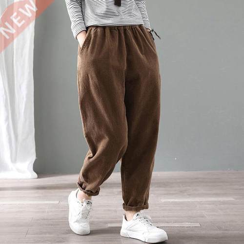 Velvet Warm Winter Pants for Women Elastic Waist Corduroy Ha