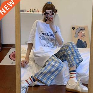 Pajamas for Girls Pijama Femme Home Suit Plaid Pants Sleepwe