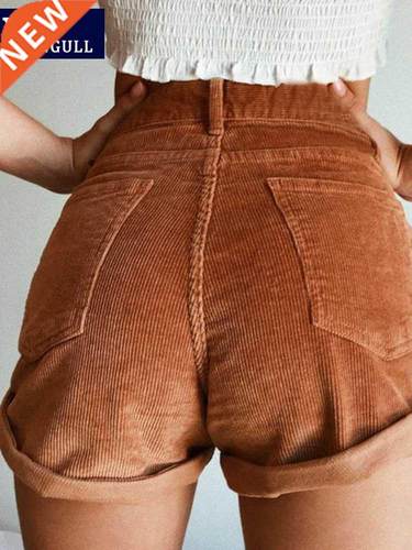 Vangull Elastic High Waist Corduroy Shorts Women Summer Crim