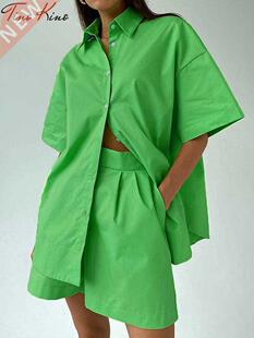 WOMEN'S TRASUIT SHIRT SHORTS TWO PIECE SET OVERSIZED SHORT S
