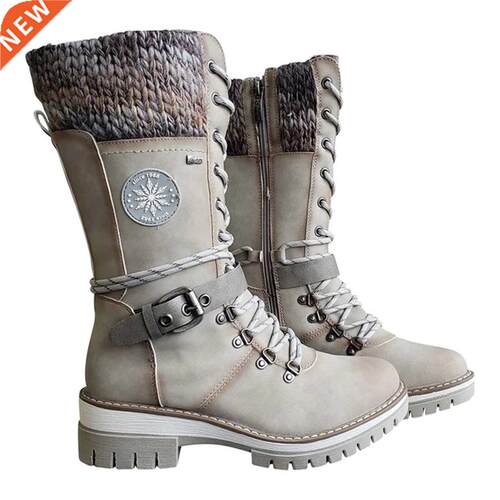 2021 Women Winter Buckle Lace Knitted Mid-calf Boots Low Hee