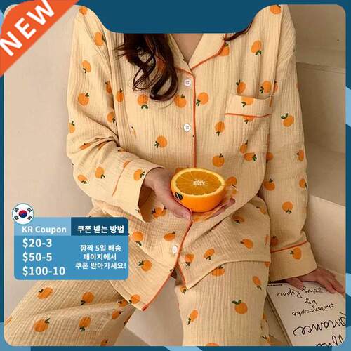 QWEEK Cotton Home Suit Korean Sleepwear Orange Print Pajamas