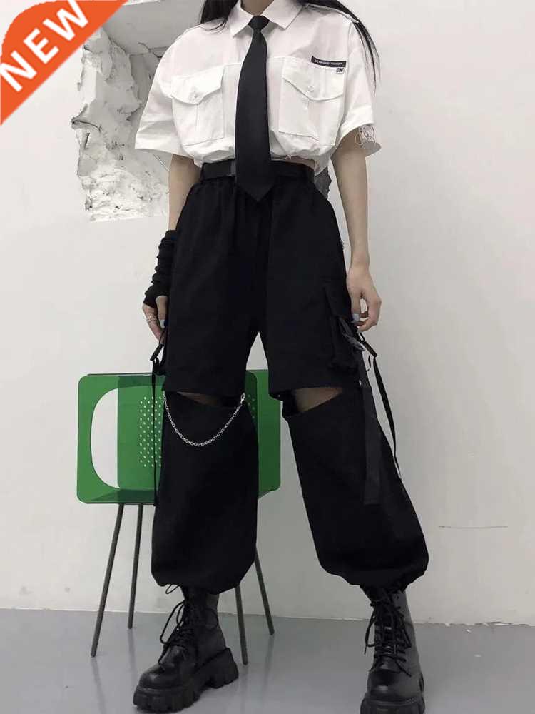 HOUZHOU Gothic Sreetwear Women's Cargo Pants with Chain Punk