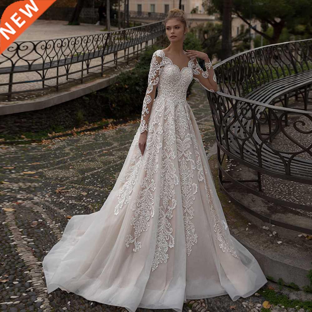Modest Champagne Wedding Dress with Long Sleeves Sweetheart