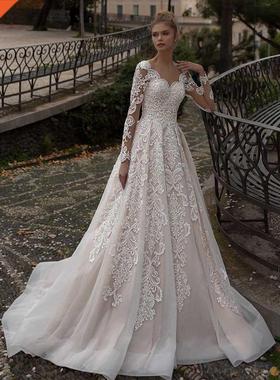 Modest Champagne Wedding Dress with Long Sleeves Sweetheart