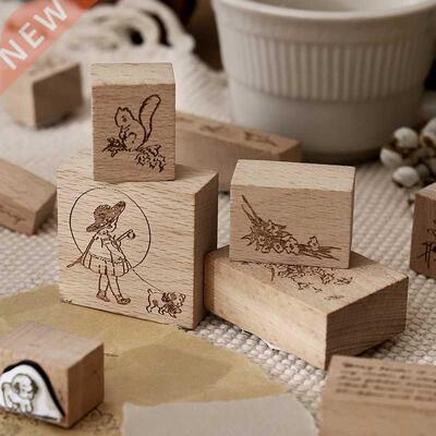 Yoofun 12 Designs Girl Plant Growth Wooden Rubber Stamps fo