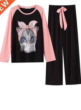 Pajama Sets for Women Cartoon Printed Long Sleeve O-neck Kor