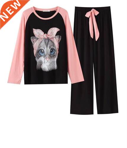 Pajama Sets for Women Cartoon Printed Long Sleeve O-neck Kor