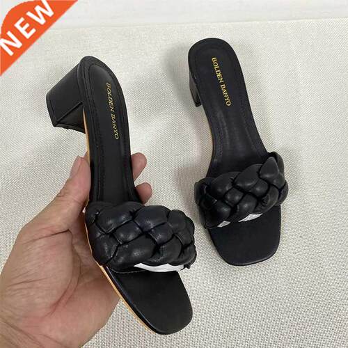 Summer Solid Weave Women Square Heel Sandal 2021 Fashion Thi