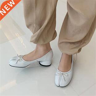 PXELENA Celebrity Genuine Leather Split Toe Round Low Heels