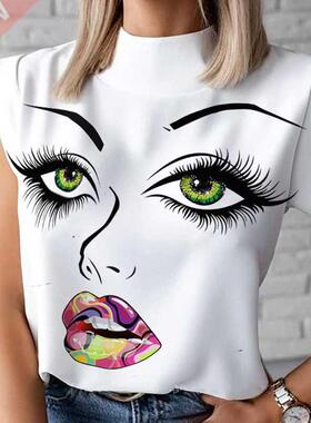 Fashion Women Lips Eyelash Print Sleeveless Blouses Shirts 2