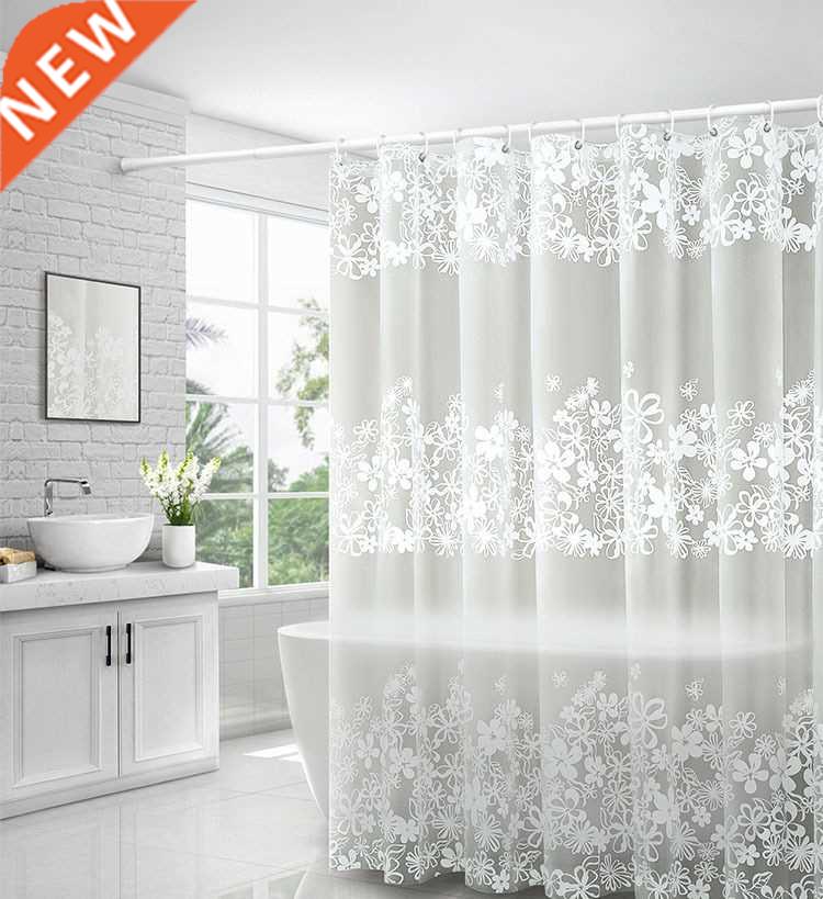 Printed white shower curtain with hooked PEVA bathroom tra