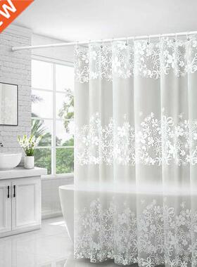 Printed white shower curtain with hooked PEVA bathroom tra