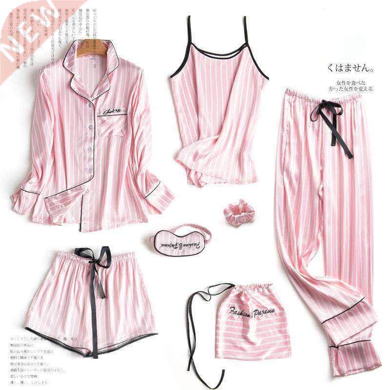 JULY'S SONG Pink 7 Pieces Women's Pajamas Sets Faux Silk Str