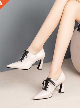 High Heels Hoof Pumps Women Lace Up Pumps Cow Leather Shoes