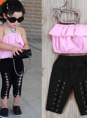 2pcs Baby Girls Clothing Set Summer Girls Pink Top Ruffle+Cr