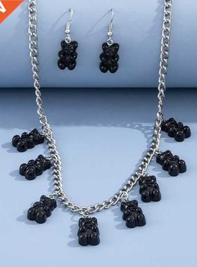 Aprilwell Cute Black Bear Pendant Necklace and Earrings For