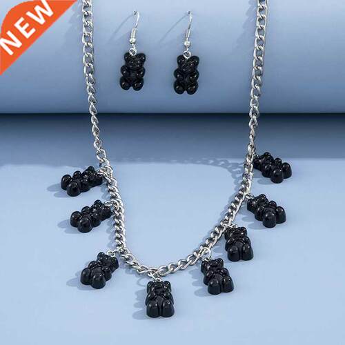 Aprilwell Cute Black Bear Pendant Necklace and Earrings For