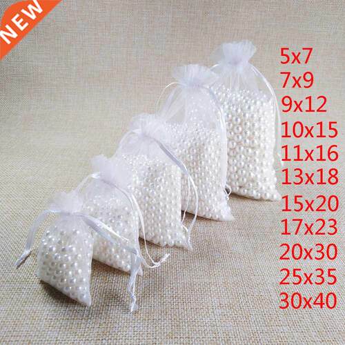 100pcs/lot White Drawstring Organza Bags 7x9 9x12 10x15 13x1