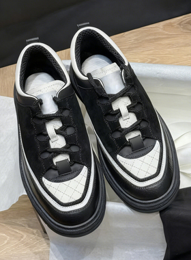 C家小香风菱格25B熊猫配色厚底小个子增高系带真皮拼色运动板鞋