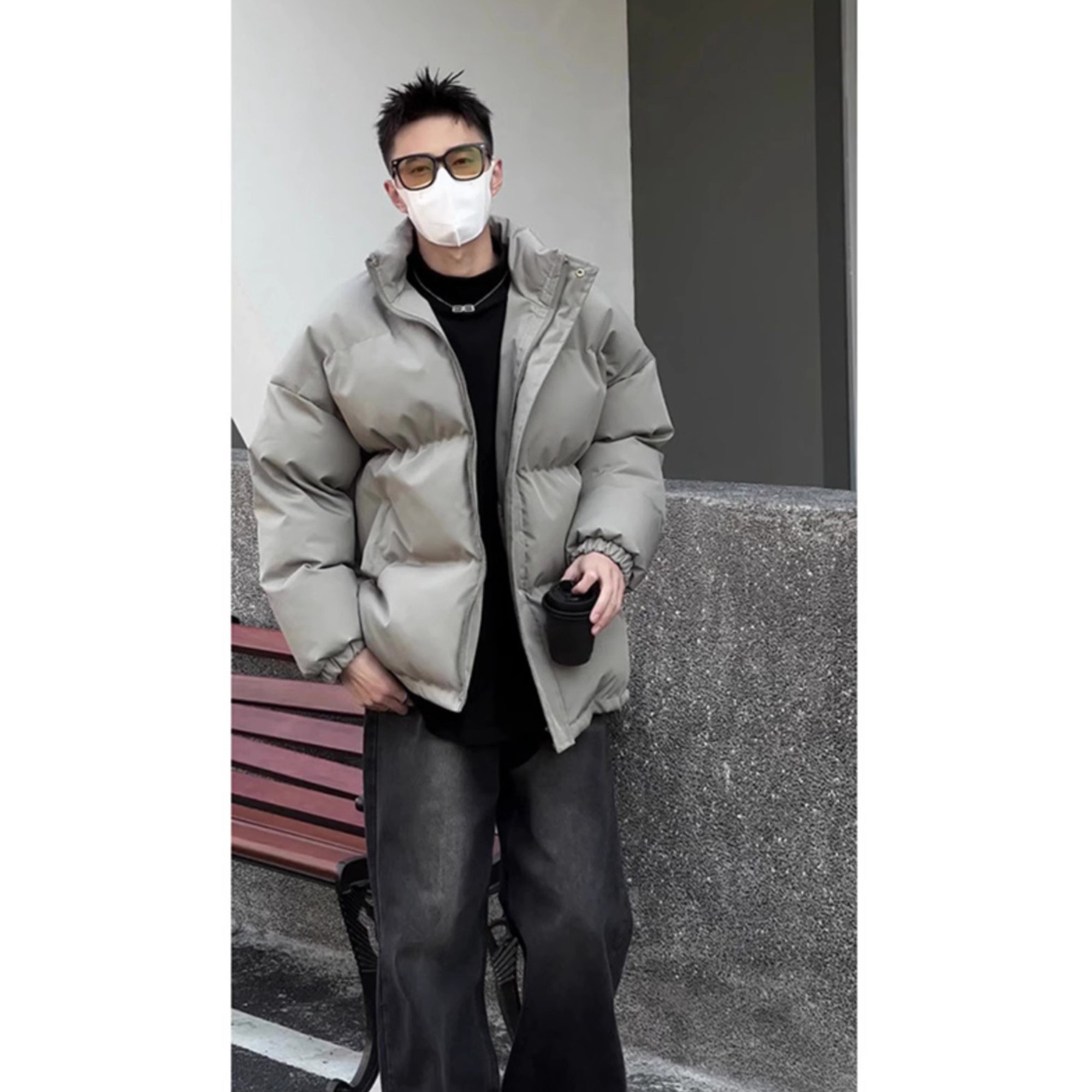 短款羽绒服男款2024秋冬季新款灰绿色青少年棉衣高级感立领面包服