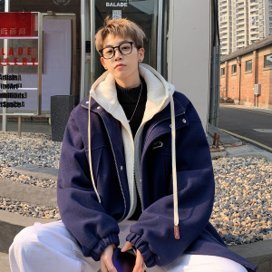 NICEVOW美式假两件加厚毛呢棉衣男秋冬潮牌宽松保暖连帽棉服外套
