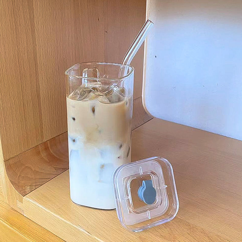 韩国ins同款方形高硼硅玻璃水杯耐热牛奶杯冰美式咖啡有盖早餐杯