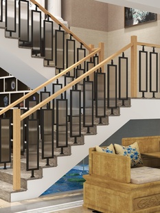 楼梯扶手实木简约现代室内阁楼栏杆家用玻璃护栏房子栅栏平台柱