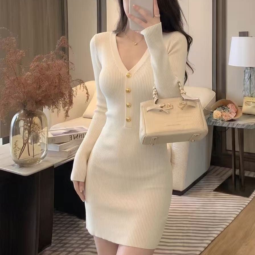 韩国气质名媛港式温柔淑女千金小香风v领毛衣针织连衣裙包臀短裙