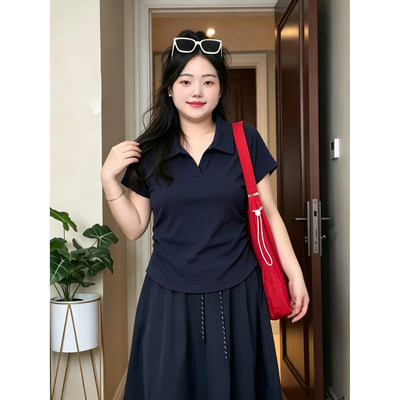 藏青色正肩短袖T恤女夏季