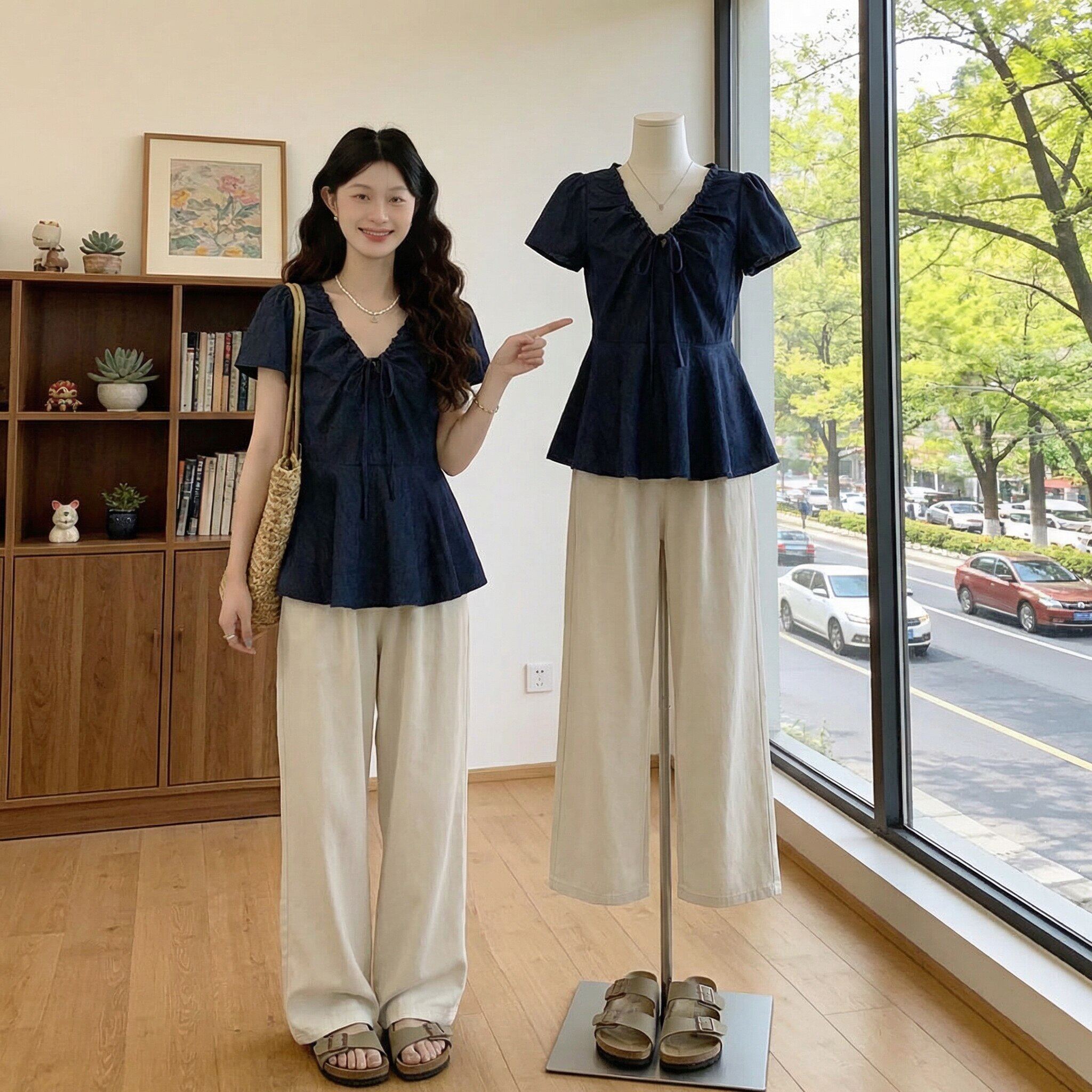 藏青色V领正肩短袖衬衫女2026新款夏季大尺码胖mm掐腰显瘦遮肚上