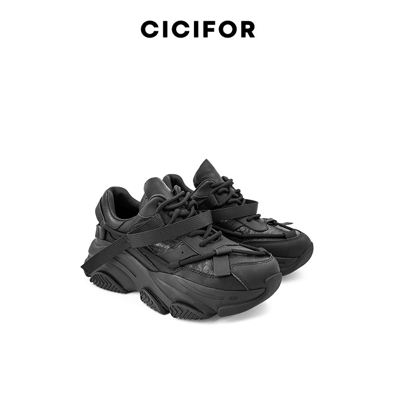 cicifor黑色老爹鞋运动鞋设计师款厚底中跟内增高