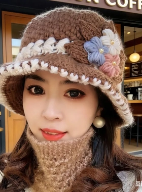 手工编织花朵灰色针织包头帽女秋冬大头围保暖显脸小冷帽毛线帽子