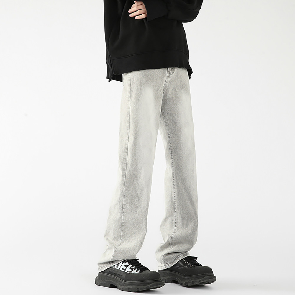 cleanfit烟灰色加绒牛仔裤男生穿搭高级感裤子美式高街直筒微喇裤