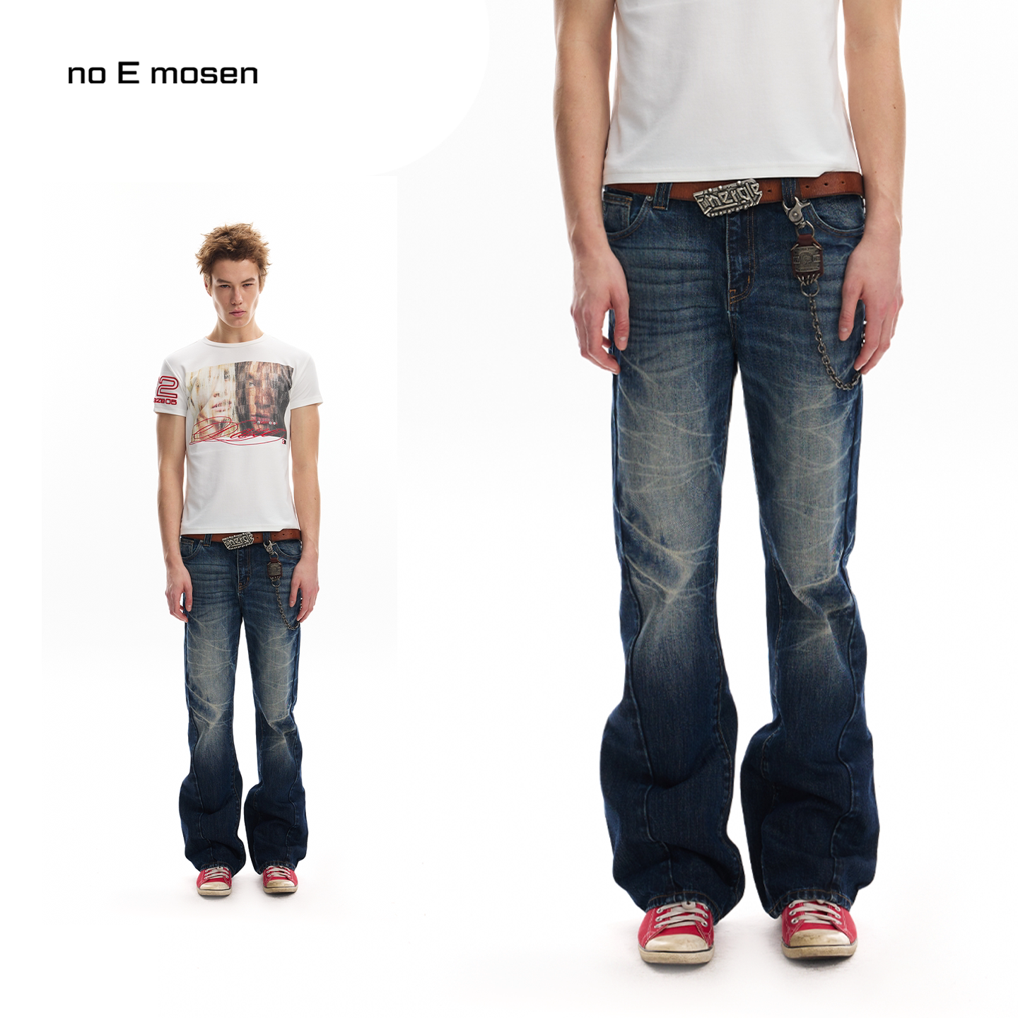 no E mosen（noE）冰蓝裂纹水洗立体猫须合身微喇13盎司牛仔裤