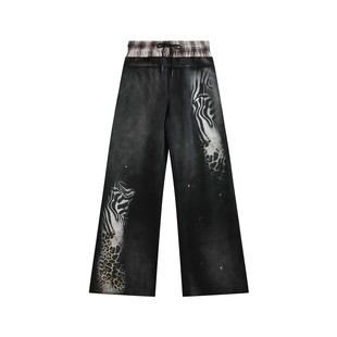 黑灰洗水泼墨假两件双腰头动物纹轻亚阔腿卫裤 noE mosen