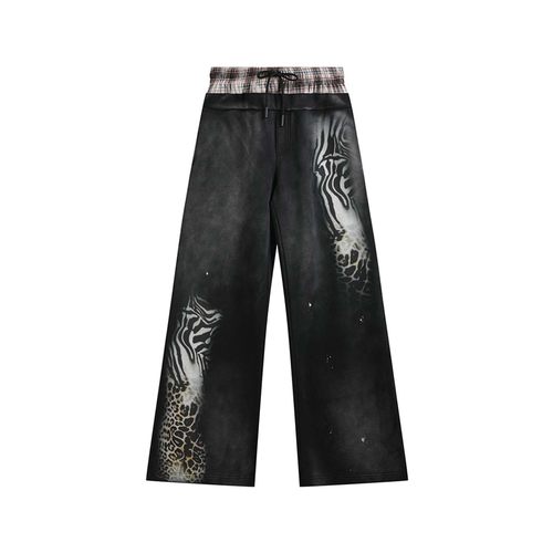 (noE)黑灰洗水豹纹印花阔腿卫裤