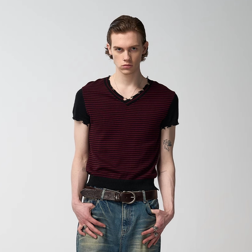 no E mosen*（noE)黑红条纹交叉领朋克破坏散边合身薄毛织短袖