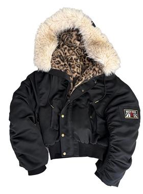 no E mosen*豹纹连帽毛领加厚2000红星袖章飞行员街头棉服夹克