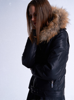 noEmosen(noE) 90新国标白鸭绒貉子毛真毛可拆卸多穿法皮质羽绒服