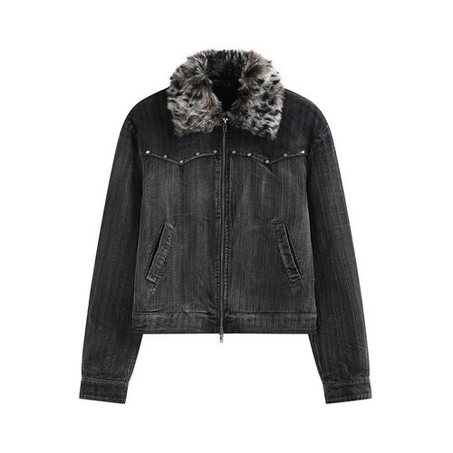 渐变黑灰灯可拆卸毛领短宽夹克