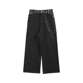 链阔腿街头baggy型牛仔长裤 noE 豹纹腰头拼接烧花裤 mosen