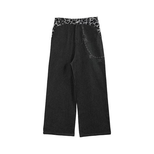 noE豹纹腰头烧花裤链baggy牛仔裤