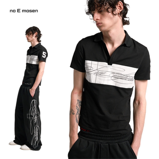 异色拼接十字印花黑白撞色正肩街头polo短袖 noE mosen