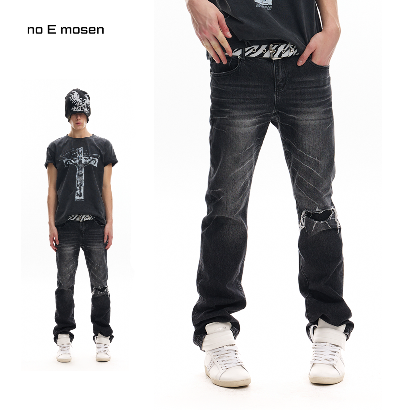 no E mosen（noE）闪电纹黑灰洗水复古破坏修身skinny铆钉牛仔裤