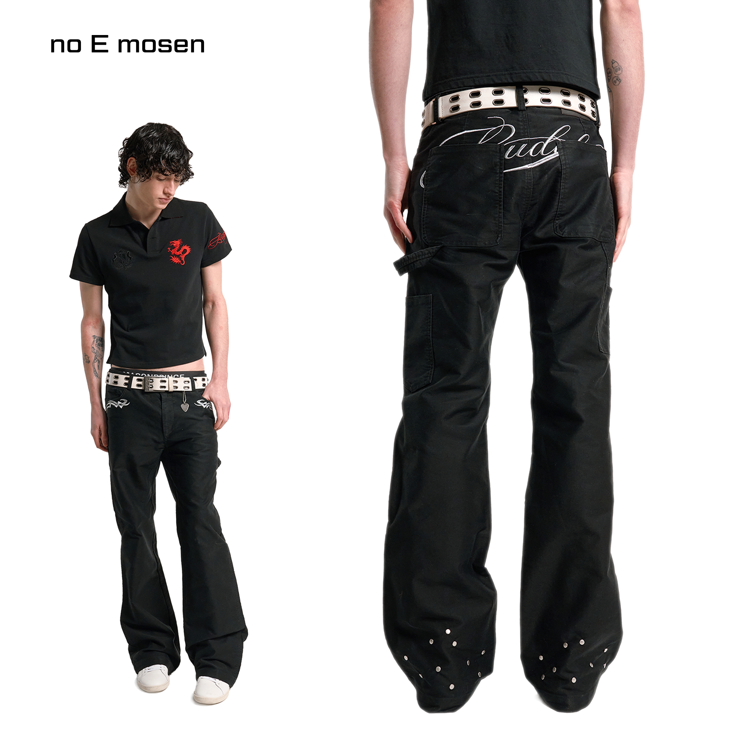 noEmosen(noE)水洗鼹鼠皮银线刺绣装饰铆钉合身微喇休闲裤